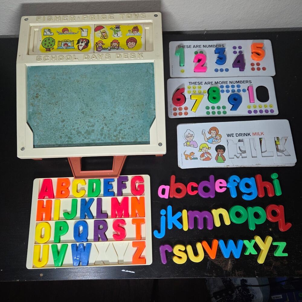 Vintage 1972 Fisher Price School Days Desk + Magnetic Letters Cards Incomplete